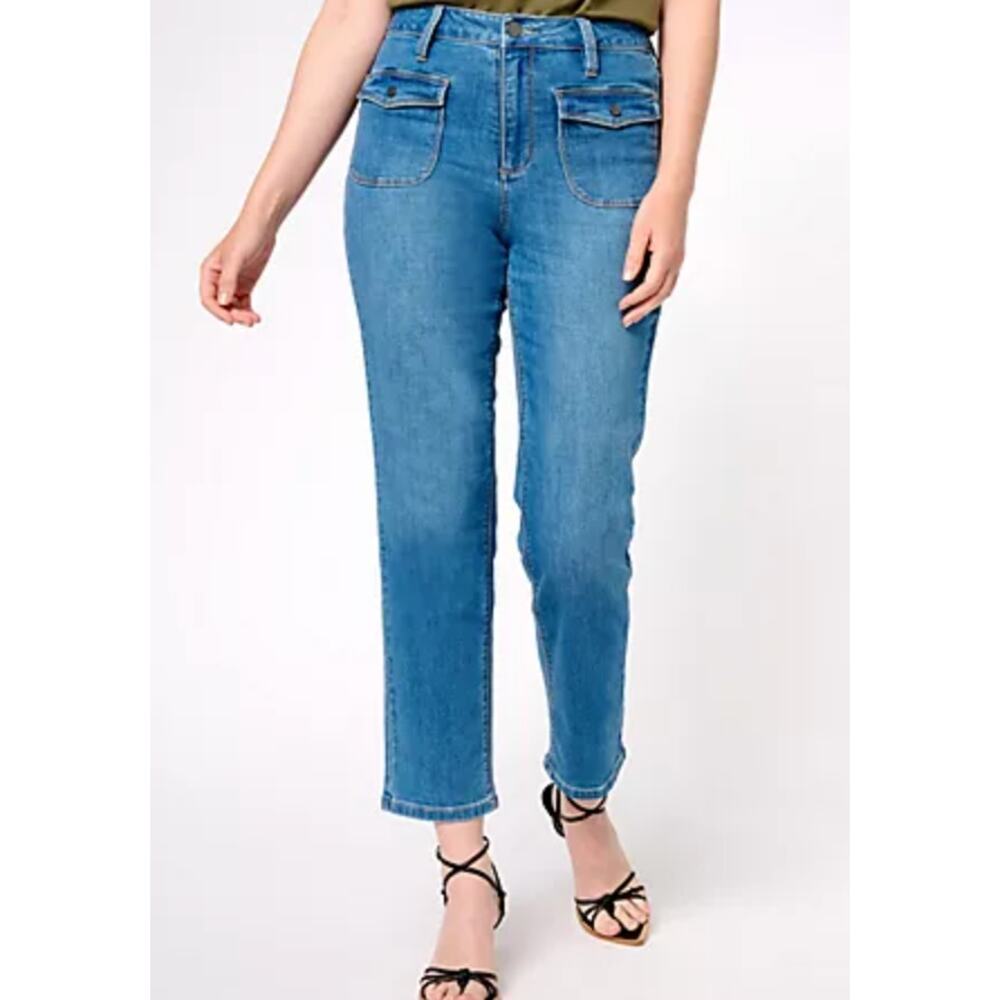 NWT Susan Graver Straight Leg Jean with Patch Pockets MEDIUM WASH QVC